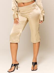 MUSERA Metallic Satin Low Rise Fitted Flare Coord Trouser Sexy Evening Night Going Out Fall Winter Autumn Solitude - Khaki - View 2