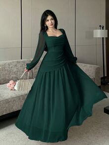 Modelyn Cowl Neck Puff Long Sleeve Cinched Waist Asymmetrical Pleated Chiffon Full Skirt Dress - Dark Green - View 5