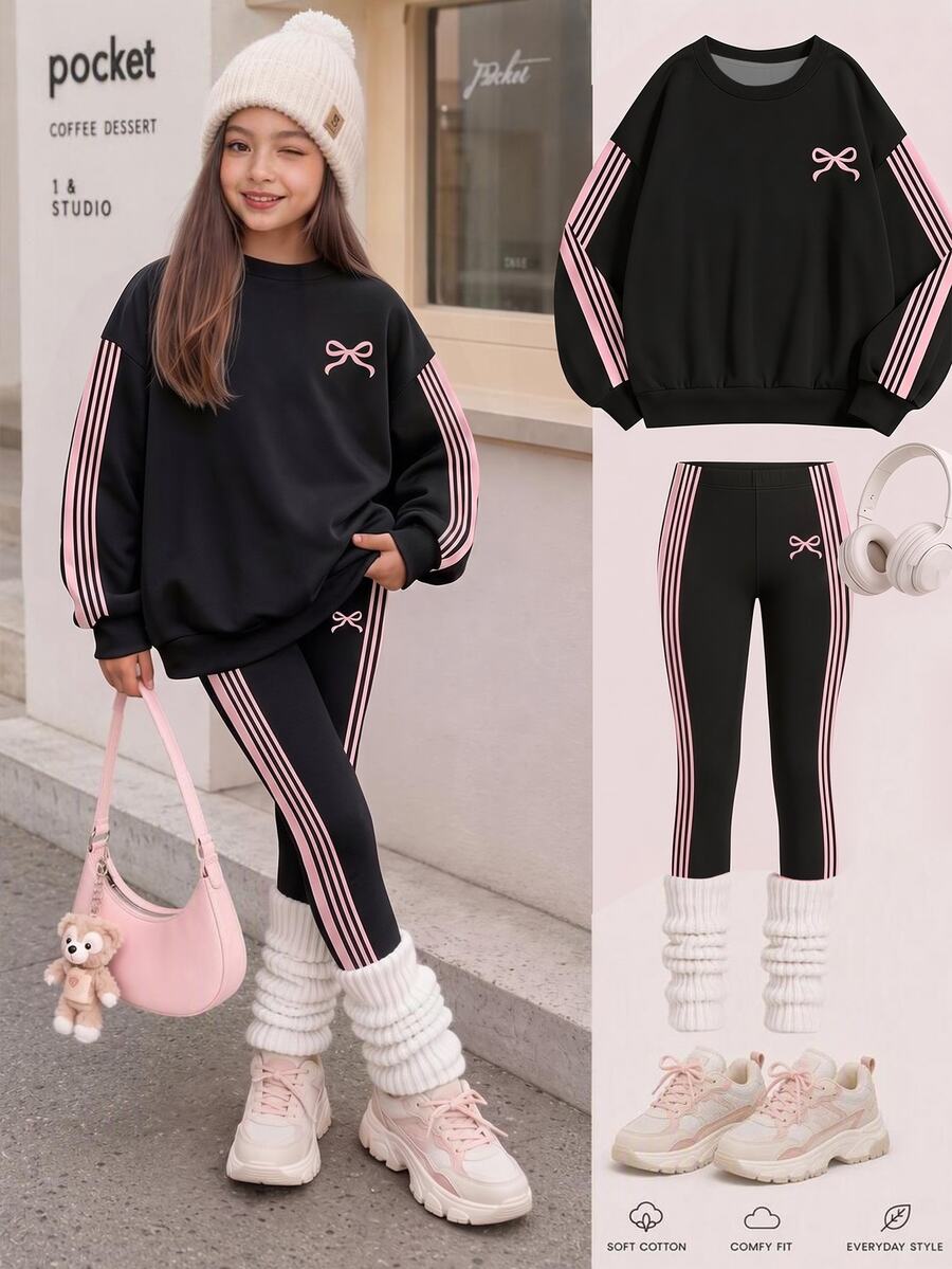 黑色與粉色復古時尚對比色運動條紋，女孩粉色迷你蝴蝶結圖案印花，女款/女孩休閒百搭抓絨圓領長袖衛衣與內搭褲2件套，新風格適合秋冬日常、外出、校園、運動、隨性時尚，美式街頭風女孩，甜酷休閒時尚 - 白色 - 查看 1