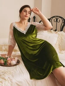 Côtesoire Plus Size Women French Romantic Palace Style Velvet Contrast Color Lace Loose Nightgown - Olive Green - View 5