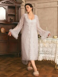 Côtesoire Plus Size Women's Lace Long Sleeve Robe And Camisole Nightgown Elegant Sleepwear Set - White - View 5