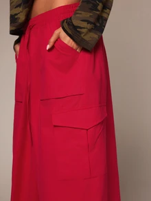 Athîral Celana Kargo Merah Longgar Wanita, Bahan Katun, Pinggang Rendah, Tali Serut, Banyak Saku, Kaki Lebar, Cocok untuk Semua Musim, Gaya Urban, Sehari-hari, Celana Wanita - Merah - View 3