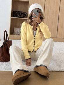 CovetEZ Women's Long Sleeve Single-Breasted Casual Versatile Knit Cardigan - Light Yellow - View 3
