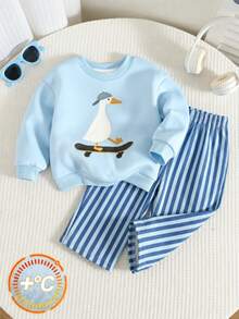 Baby Boy Crew Neck Sweatshirt + Bolty Wide Leg Pants, Cartoon Pattern, Suitable For Autumn/Winter - Multicolor - View 1