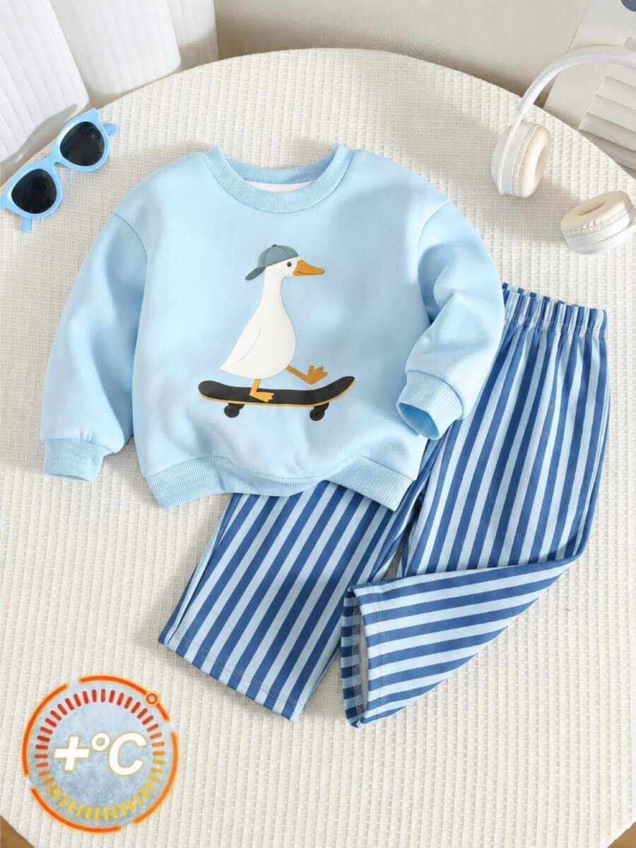 Baby Boy Crew Neck Sweatshirt + Bolty Wide Leg Pants, Cartoon Pattern, Suitable For Autumn/Winter - Multicolor - View 1
