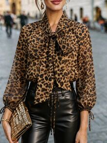 Velvienne Plus Size Women's Leopard Print Casual Versatile Daily Wear Shirt Fall - Coffee Brown - View 3