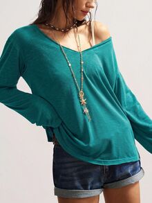 Bohemela Plus Size Women's Solid Color V-Neck Drop Shoulder Long Sleeve Casual Loose Fit T-Shirt - Green - View 4