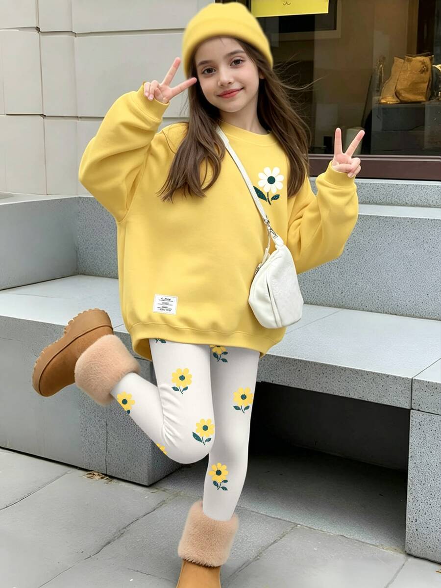 青少年女孩休閒可愛復古花卉印花圓領長袖衛衣與內搭褲2件套,適合秋冬穿著 - 白色 - 查看 1