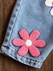 SHEIN Vintaside Kids 2件組幼兒女嬰上衣吊帶連身褲，可愛甜美粉藍花卉拼接，荷葉袖圓領，休閒度假秋季保暖公主風套裝 - 玫紅色 - 查看 4