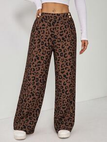 SHEIN EZwear Plus Size Women's Leopard Print Casual Wide Leg Pants With Waist Button Design - Brown - View 8