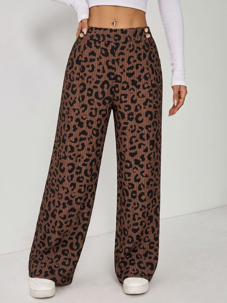 SHEIN EZwear 大尺碼女款豹紋休閒寬腿褲，腰部鈕扣設計 - 棕色 - 查看 8