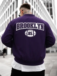 Manfinity Homme Men's Letter Pattern Long Sleeve Zip-Up Casual Baseball Jacket - Purple - View 2
