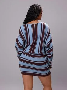 Rustia Plus Size Women Striped Off Shoulder Batwing Sleeve Knit Two Pieces Outfits, Loose Knit Top & Bodycon Mini Skirt Matching Set, Fall Winter Item - Black - View 3