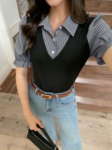 Elyressa 女款 2 合 1 鈕扣上衣 - 隨機花卉圖案 - 深灰色 - 查看 7