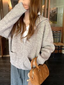 DAZY Women's Solid Color Long Sleeve Hooded Loose Casual Zip-Up Knit Cardigan Winter - Khaki - View 6