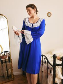 Côtesoire South French Court Elegant Lace Patchwork Flare Long Sleeve Plus Size Nightgown - Blue - View 6