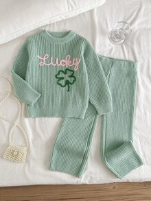 新款時尚百搭可愛 LUCKY 字樣毛衣 + 四葉草裝飾女款套頭上衣與喇叭褲套裝，適合日常、外出、旅行、度假、居家、育兒等場合，亦適用於秋冬、聖誕、開學、派對等場合，春夏秋冬百搭服飾 - 薄荷綠 - 查看 1