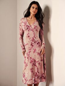 Aveloria Modichic French Style Tie Dye Floral Branch Print Mesh Dress, V-Neck Ruched Chest, Long Sleeve Midi Dress, Elastic Slim Fit, Flattering A-Line Skirt, Gentle Style, Suitable For Dating, Outing, Commuting, Party - Multicolor - View 3