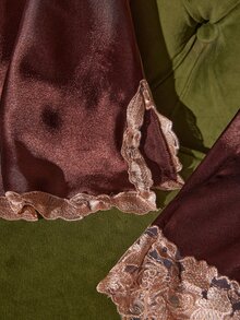 SilkySpell 3 Pieces Set Women's Sexy Silk Plus Size Pajama Set, Embroidered Lace, Contrast Color Multi-Piece Set, Silky Satin Sexy Camisole, Long Pants, Shorts 3 Pieces Combination, Coffee Color - Coffee Brown - View 5