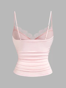 Sweetra Atasan Camisole Serbaguna Model Kerah Cowl dengan Patchwork Renda untuk Wanita Ukuran Plus Eropa - Berwarna merah muda - View 4