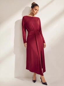 Uhlyne Uhlyne Elegant Asymmetric Hem Slit Party Midi Dress For Women, Autumn/Winter - Burgundy - View 3