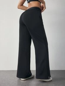 SHEIN Dewbera Casual Versatile Black High-Elastic Webbing Side Slit Design Comfortable Slimming Sports Long Pants - Black - View 2