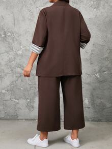 SHEIN LUNE 2pcs Plus Size Women's Striped Collar Top And Pants Set Fall - Coffee Brown - View 2