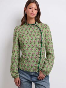 Nöista Chinese-Style Floral Print Shirt With Slanted Opening - Green - View 3
