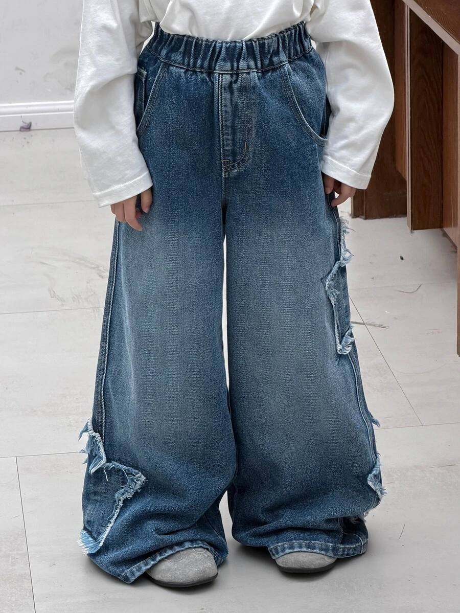 Dazy Kids Tween Girl) Casual Straight Leg Elastic Waist Star Decor Denim Jeans - Dark Wash - View 1