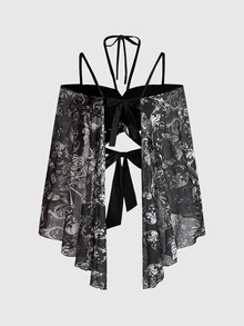 ROMWE Y2K Vacation Beach Goth Butterfly Shape Patchwork Bell Sleeve Cropped Top - Red and Black - View 2
