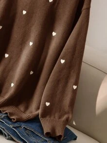 CosyJoli Plus Size Elegant French Style Vacation Commute Romantic Date Casual Premium Minimalist Pink Heart Embroidery Knit Pullover Sweater For Fall/Winter - Coffee Brown - View 6