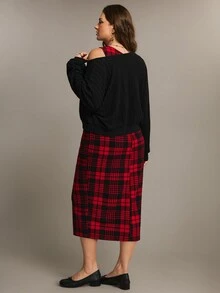 Freevana 紅黑格紋女款兩件套，V領保暖內裡上衣搭配長款格紋洋裝，復古通勤穿搭，適合秋冬聖誕居家與外出穿著 - 紅色 - 查看 2