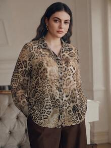 Anewsta Plus Size Women's Spring/Autumn Modern Fashion Versatile Leopard Print Loose Long Sleeve Shirt - Brown - View 5