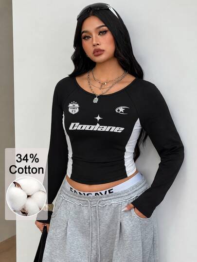 Coolane Women's Plus Size Fall Winter Streetwear Casual Game Day Back To School Casual Cotton Color-Blocked Black White Round Neck Long Sleeve Tees Halloween