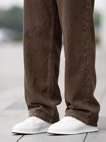 SHEIN Teen Boy Casual Versatile Straight Leg Denim Pants With Pockets - Brown - View 3
