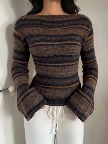 Aloruh Sweater Wanita Gaya Vintage Liburan dengan Blok Warna dan Desain Pinggang yang Pas, Gaya Streetwear - Coffee Brown - View 1