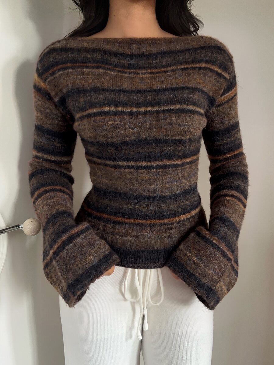 Aloruh Sweater Wanita Gaya Vintage Liburan dengan Blok Warna dan Desain Pinggang yang Pas, Gaya Streetwear - Coffee Brown - View 1