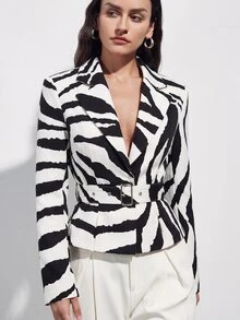 Aveloria Modichic Áo blazer nữ vai rộng họa tiết vằn ngựa vằn, eo chiết, kèm thắt lưng tháo rời, phong cách tối giản hiện đại đô thị - Đen và trắng - Xem 5