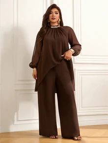 Femmeverse 女款大尺碼抓皺掛脖亮片拼接新式插肩長袖兩件套高腰寬鬆寬腿褲套裝秋季 - 棕色 - 查看 5