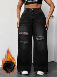 SHEIN EZwear 大尺碼街頭風鈕扣口袋水洗破洞牛仔寬腿褲 - 黑色 - 查看 1