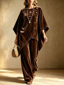 Zayélia Women's 2 Pieces Set, Autumn/Winter 2 Pieces Set, Velvet Set - Coffee Brown - View 2