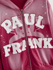 Paul Frank X ROMWE Co-Branded Street Style Contrast Color Patchwork Embroidered Washed Oversized Open Front Sweatshirt - Pink - View 5
