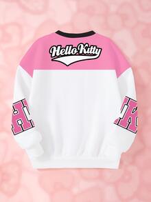HELLO KITTY AND FRIENDS | SHEIN بلوزة رياضية كاجوال بطبعة كرتونية وحروف بياقة دائرية وأكمام طويلة للفتيات المراهقات - أبيض - مشاهدة 2