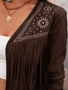 Brillora 女款復古街頭刺繡流蘇長袖夾克 - 巧克力棕 - 查看 5