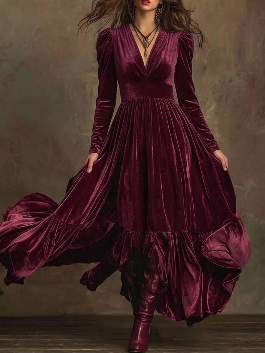 Solivie Women's Autumn V-Neck Wine Dress Going Out Dresses Wedding Guest Dress Party Dress New Year Dress Halloween Casual Dresses - Burgundy - View 1