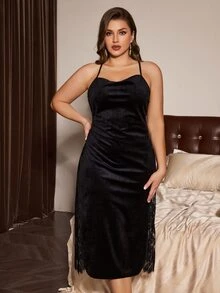 Slumberist Plus Size Sexy Lace & Velvet Patchwork Cami Nightgown, Criss-Cross Back Loungewear - Black - View 5