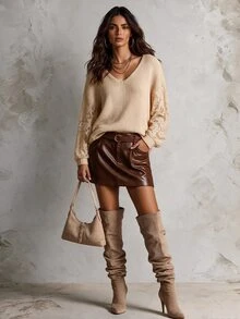 Solivie Women's Autumn/Winter V-Neck Long Sleeve Apricot Color Contrast Lace Sweater Top - Apricot - View 4