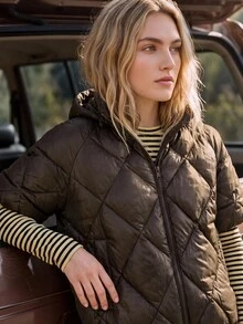 WanderVale Women's Quilted, Detachable Hood, Short Sleeve Batwing Sleeve Padded Coat, ,Brown, Diamond Stitch, Zip Up, Outdoor Fall Winter. - Coffee Brown - View 8
