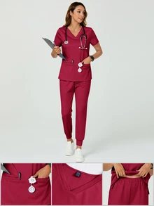 TaskEZ 女款護理師刷手服夏季藍色護理師制服兩件套 2口袋短袖上衣 鬆緊腰帶抽繩修身慢跑休閒長褲 - 玫紅色 - 查看 10