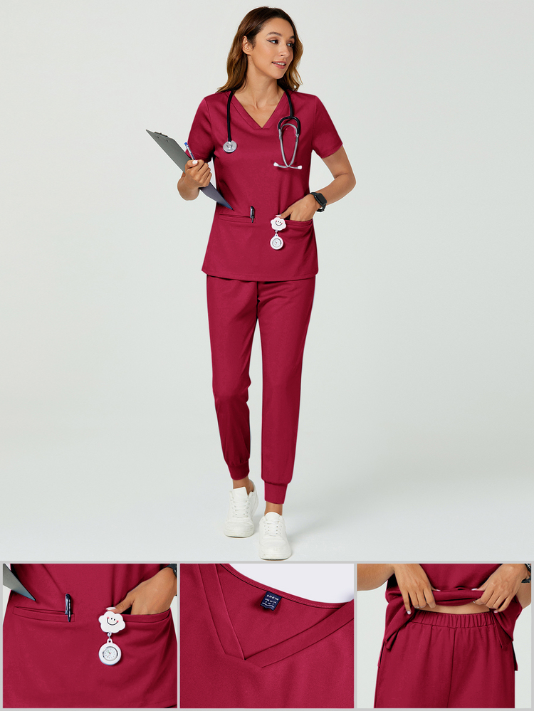 TaskEZ Women's Scrubs Nurse Uniform Summer Blue Nurse Uniform Two Pieces Set 2 Pocket Short Sleeve Top Elastic Waistband Drawstring Fit Jogging Casual Pants - Hot Pink - View 10